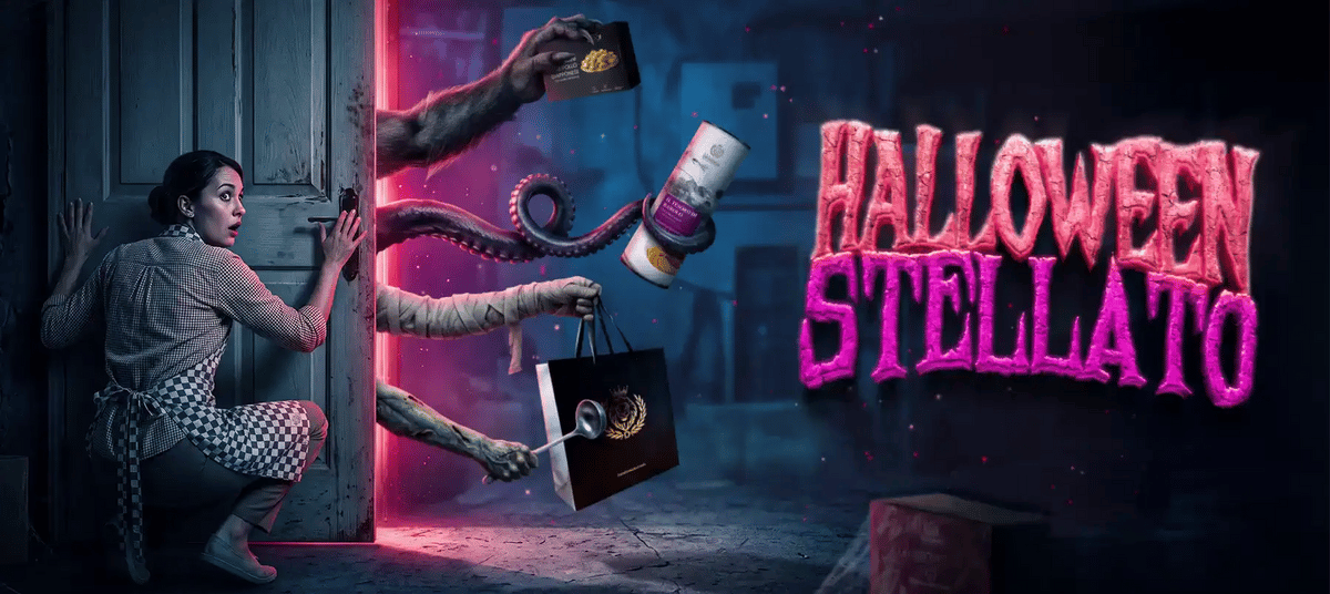 Banner di Halloween con una ragazza che scappa da mostri impossessati dei meal kit