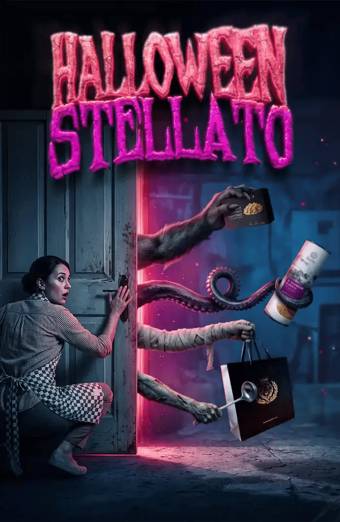Banner di Halloween con una ragazza che scappa da mostri impossessati dei meal kit