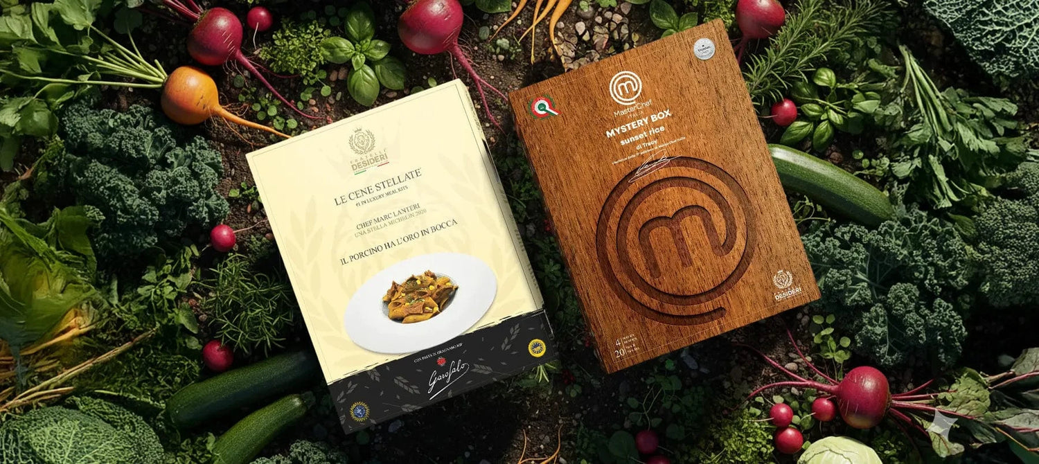 Banner: i meal kit Sunset Rice e il Porcino ha l'Oro in bocca su una distesa di ortaggi