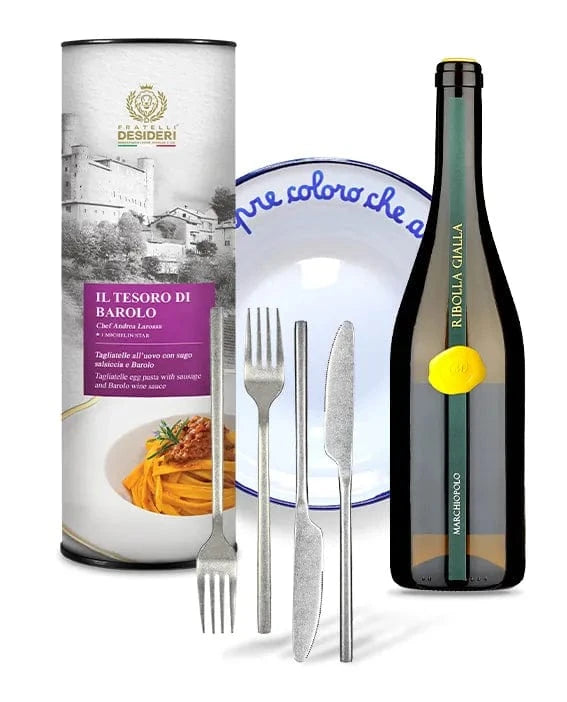 Il Tesoro di Barolo, il Marchiopolo Ribolla Gialla, il piatto "Il cibo trova sempre..." e due set di posate