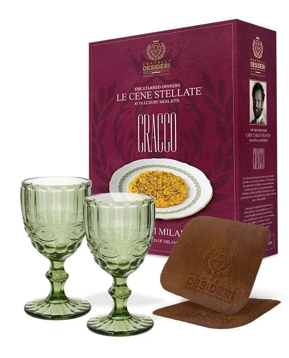 L'Oro di Milano, due calici verdi e due sottobicchieri in pelle