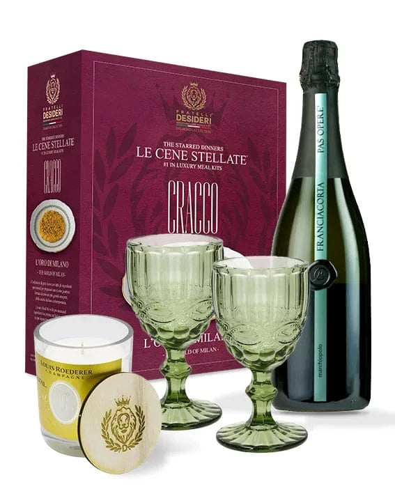 L'Oro di Milano, il Marchiopolo Franciacorta, due calici verdi e la Cristal Wish Candle