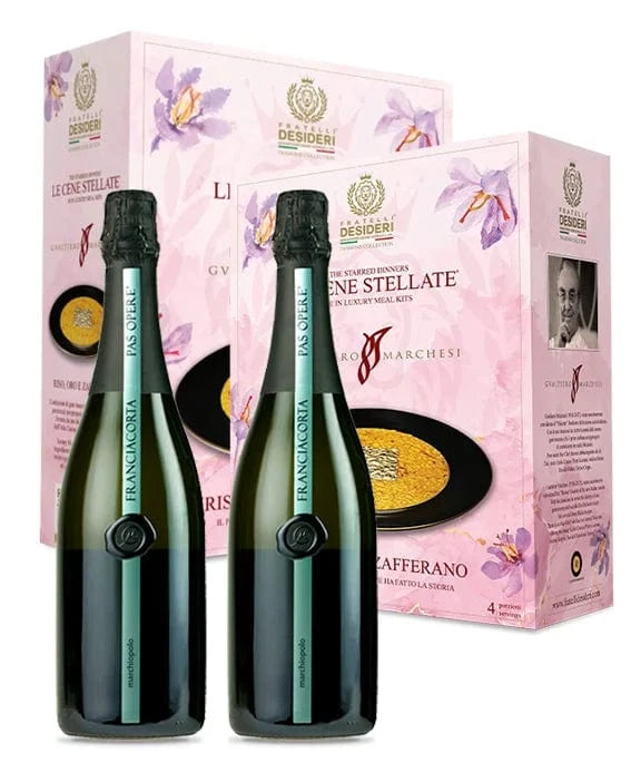 Due confezioni di Riso, Oro e Zafferano sullo sfondo e due bottiglie di Marchiopolo Franciacorta in primo piano a sinistra