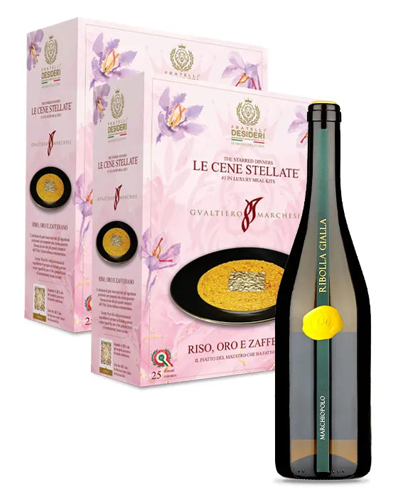 Due confezioni di Riso, Oro e Zafferano a sinistra e una bottiglia di Marchiopolo Ribolla Gialla a destra, in primo piano