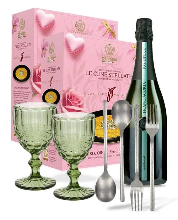 Riso, Oro e Zafferano - LE Double, il Marchiopolo Franciacorta, due calici verdi e due set di posate