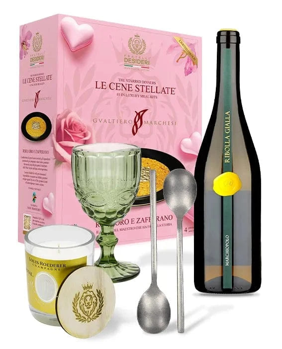 Riso, Oro e Zafferano - LE, il Marchiopolo Ribolla Gialla, un calice verde, un set cucchiai e la Cristal Wish Candle