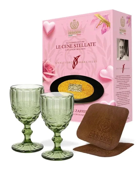 Riso, Oro e Zafferano - LE, due calici verdi e due sottobicchieri in pelle