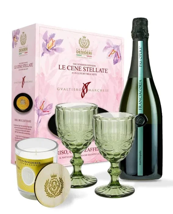 Riso, Oro e Zafferano, il Marchiopolo Franciacorta, due calici verdi e la Cristal Wish Candle