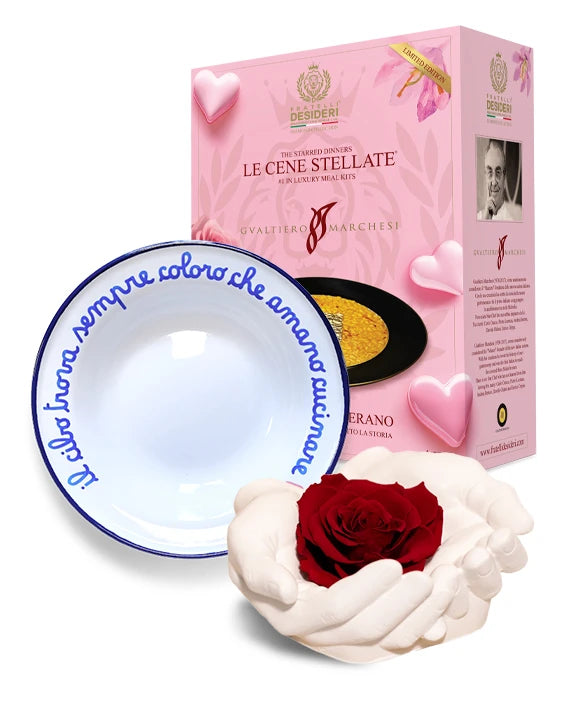 Riso, Oro e Zafferano - Limited Edition, il piatto "Il cibo trova sempre…" e "Una rosa è per sempre!"