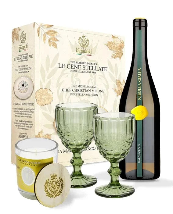 Sua Maestà Bianco Tartufo, il Marchiopolo Ribolla Gialla, due calici verdi e la Cristal Wish Candle
