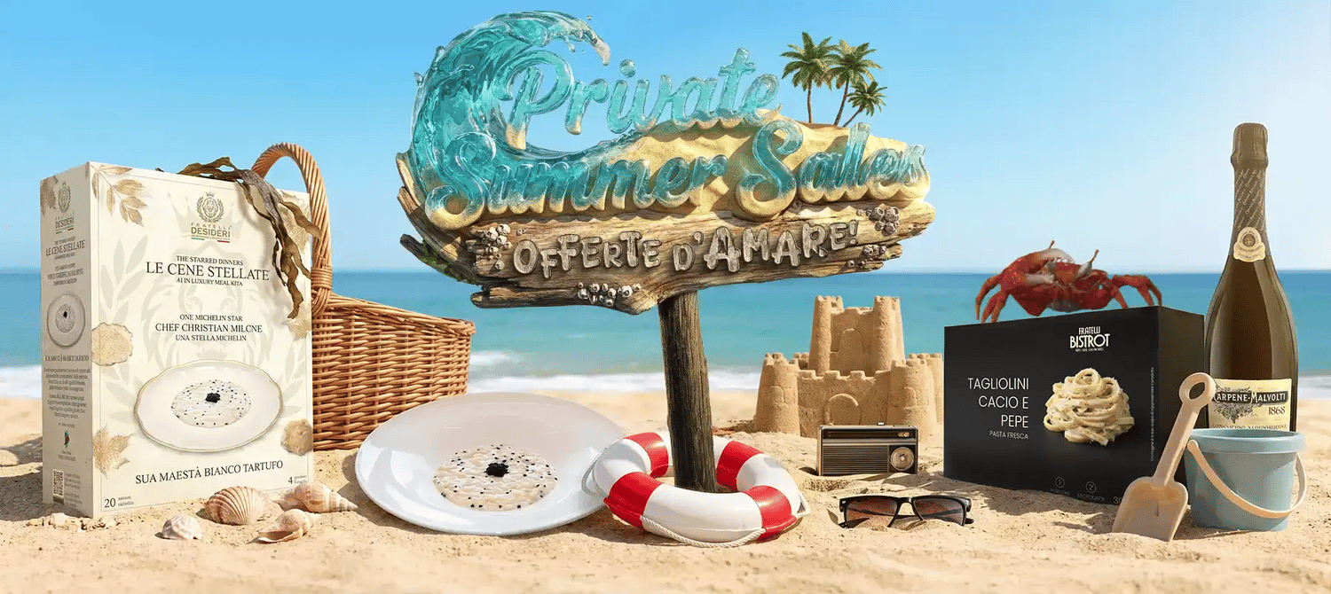 Banner delle Summer Sales con i prodotti dei Fratelli Desideri su una spiaggia davanti al mare