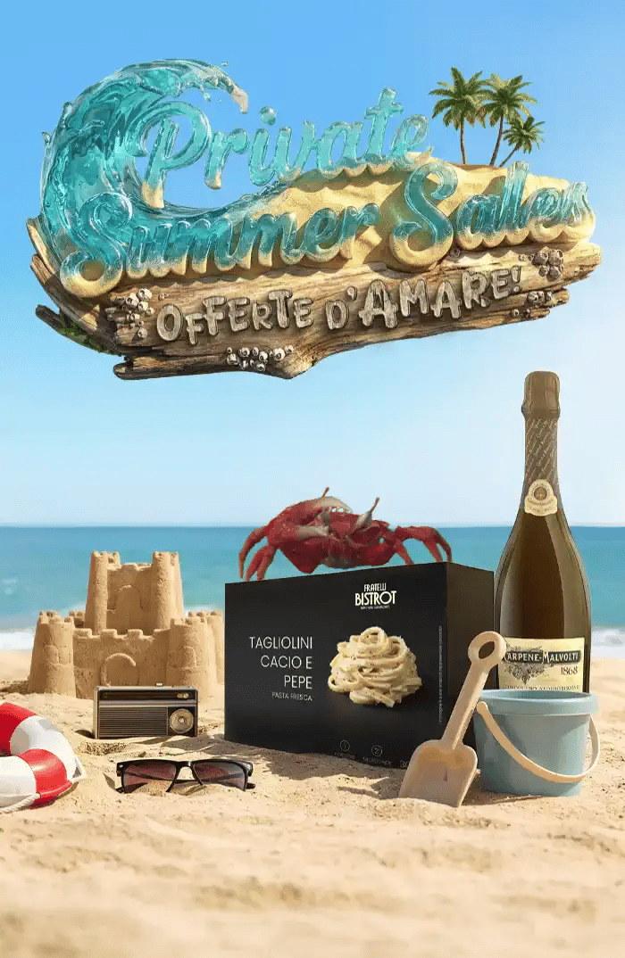 Banner delle Summer Sales con i prodotti dei Fratelli Desideri su una spiaggia davanti al mare
